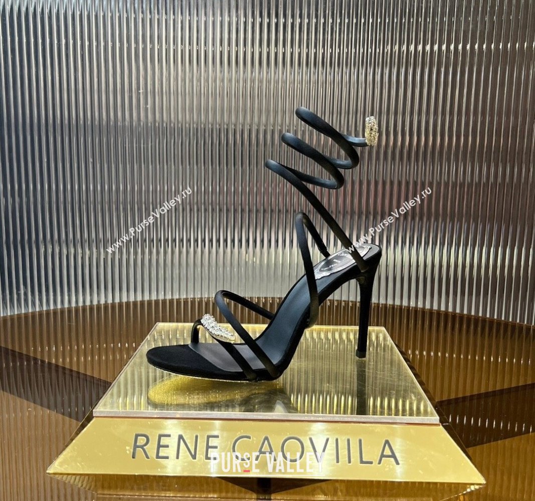 Rene Caovilla Serpente Heel Sandals 9.5cm in Silk and Lambskin with Strass Black 2024 0704 (MD-240704024)