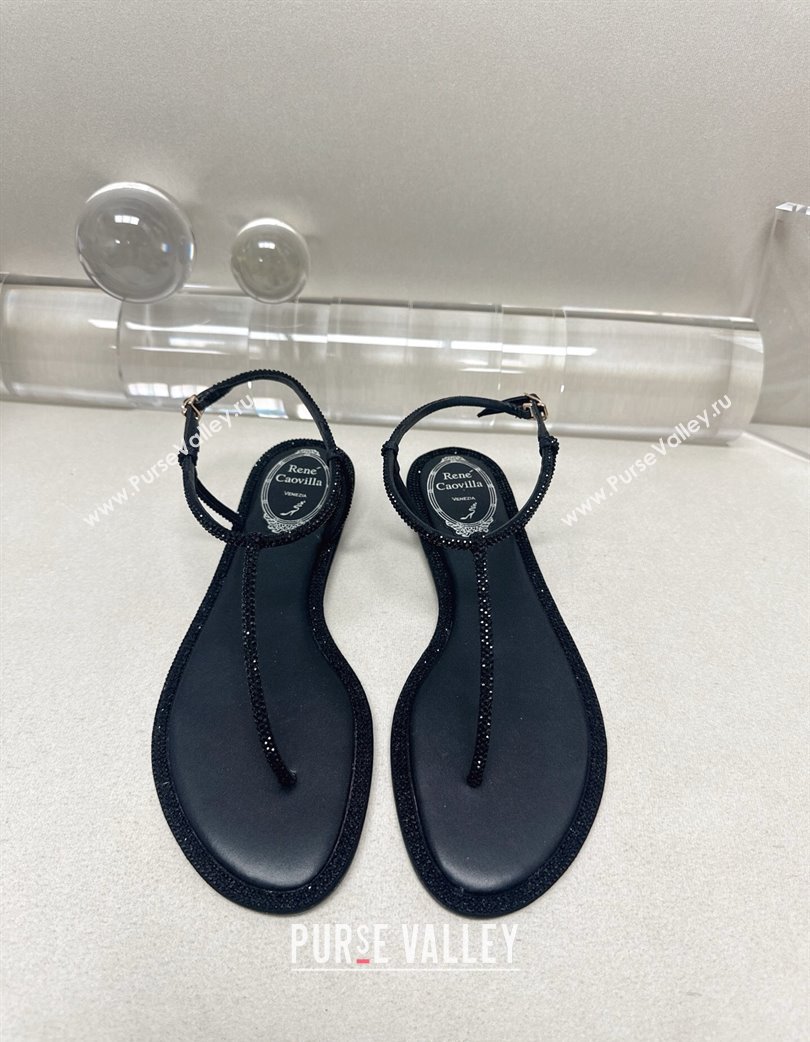 Rene Caovilla Diana Flat Jewel Thong Sandals with Strass in Satin All Black 2025 (MD-250224117)