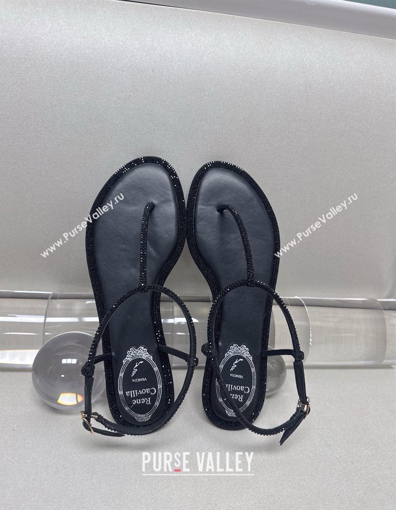 Rene Caovilla Diana Flat Jewel Thong Sandals with Strass in Satin All Black 2025 (MD-250224117)