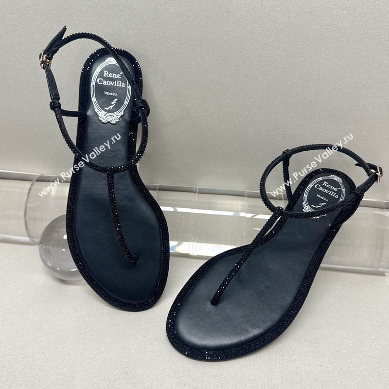 Rene Caovilla Diana Flat Jewel Thong Sandals with Strass in Satin All Black 2025 (MD-250224117)