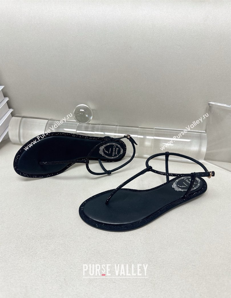 Rene Caovilla Diana Flat Jewel Thong Sandals with Strass in Satin All Black 2025 (MD-250224117)