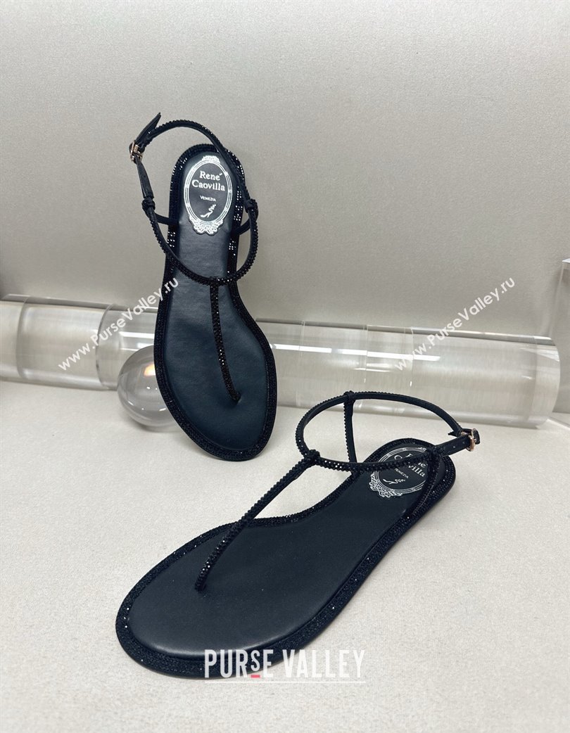 Rene Caovilla Diana Flat Jewel Thong Sandals with Strass in Satin All Black 2025 (MD-250224117)