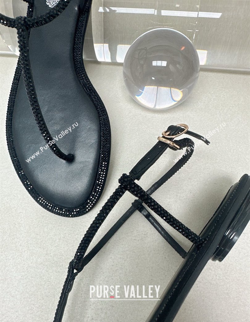 Rene Caovilla Diana Flat Jewel Thong Sandals with Strass in Satin All Black 2025 (MD-250224117)