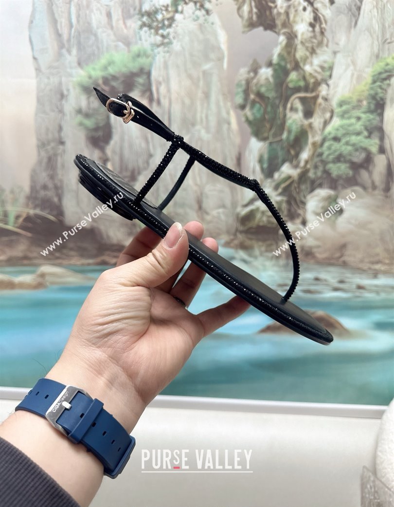 Rene Caovilla Diana Flat Jewel Thong Sandals with Strass in Satin All Black 2025 (MD-250224117)