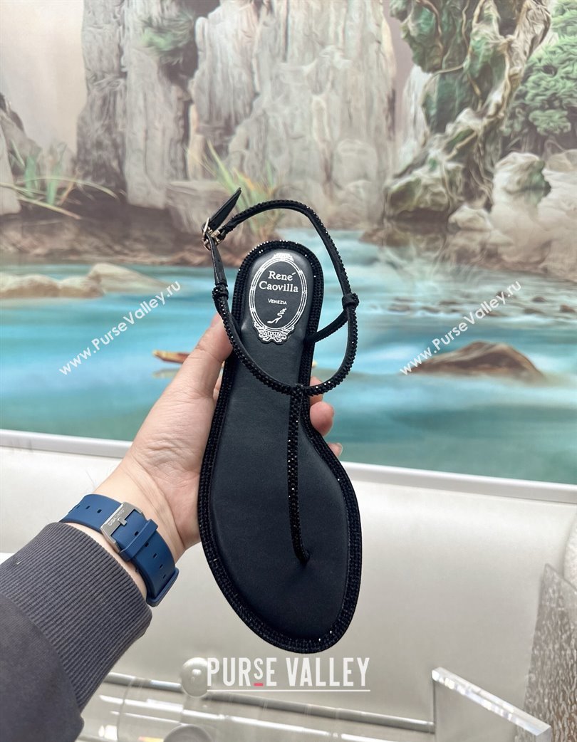 Rene Caovilla Diana Flat Jewel Thong Sandals with Strass in Satin All Black 2025 (MD-250224117)