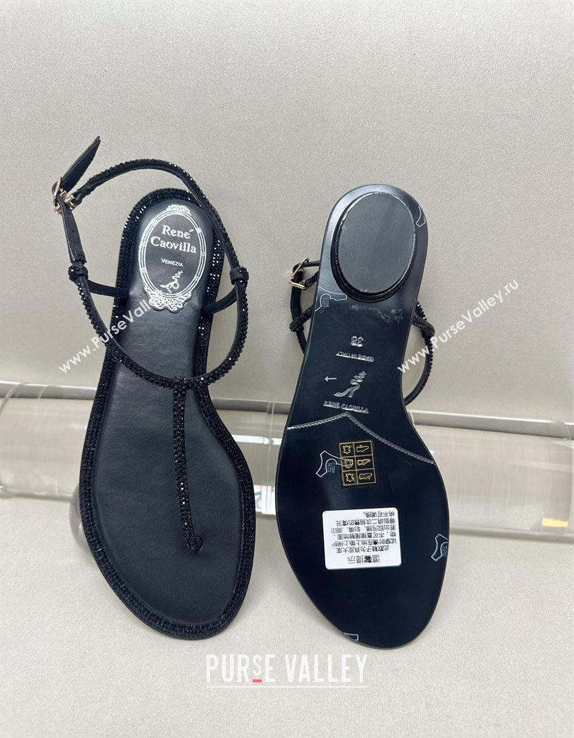 Rene Caovilla Diana Flat Jewel Thong Sandals with Strass in Satin All Black 2025 (MD-250224117)