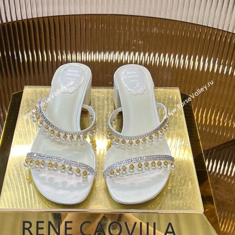 Rene Caovilla Chandelier Heel Slides Sandal 4.5cm in Satin with Pearls and Strass White 2025 (MD-250224137)