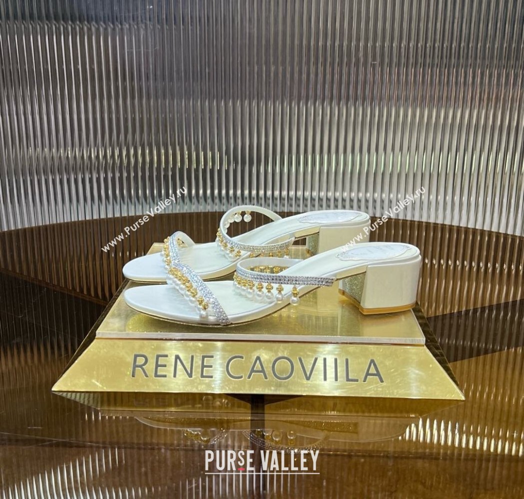 Rene Caovilla Chandelier Heel Slides Sandal 4.5cm in Satin with Pearls and Strass White 2025 (MD-250224137)