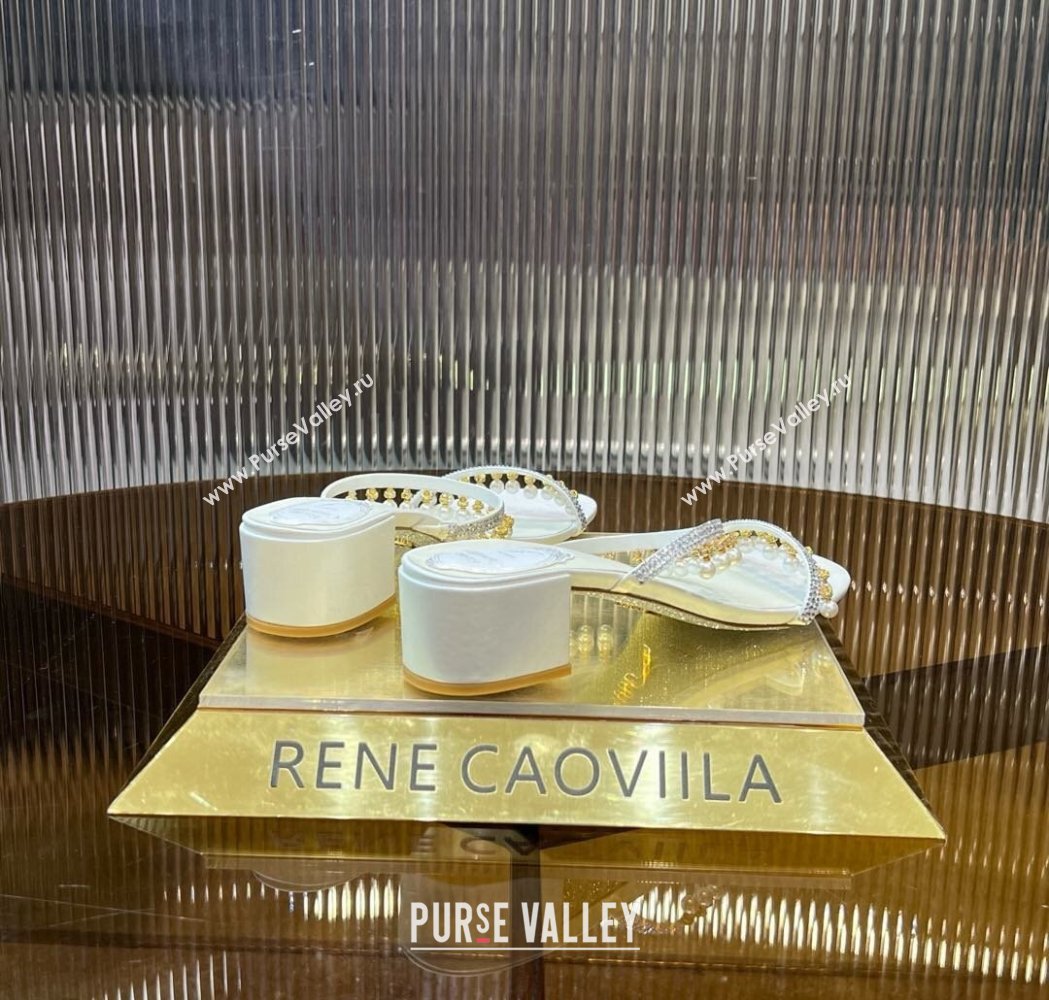 Rene Caovilla Chandelier Heel Slides Sandal 4.5cm in Satin with Pearls and Strass White 2025 (MD-250224137)