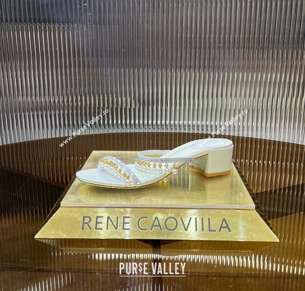 Rene Caovilla Chandelier Heel Slides Sandal 4.5cm in Satin with Pearls and Strass White 2025 (MD-250224137)