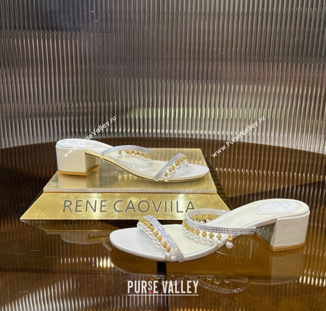 Rene Caovilla Chandelier Heel Slides Sandal 4.5cm in Satin with Pearls and Strass White 2025 (MD-250224137)