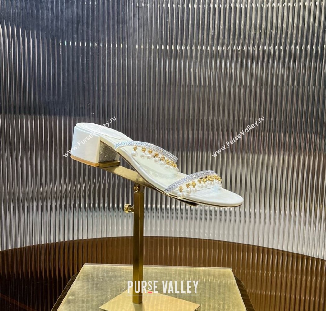 Rene Caovilla Chandelier Heel Slides Sandal 4.5cm in Satin with Pearls and Strass White 2025 (MD-250224137)