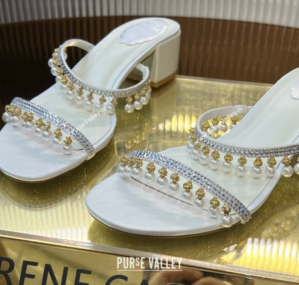 Rene Caovilla Chandelier Heel Slides Sandal 4.5cm in Satin with Pearls and Strass White 2025 (MD-250224137)