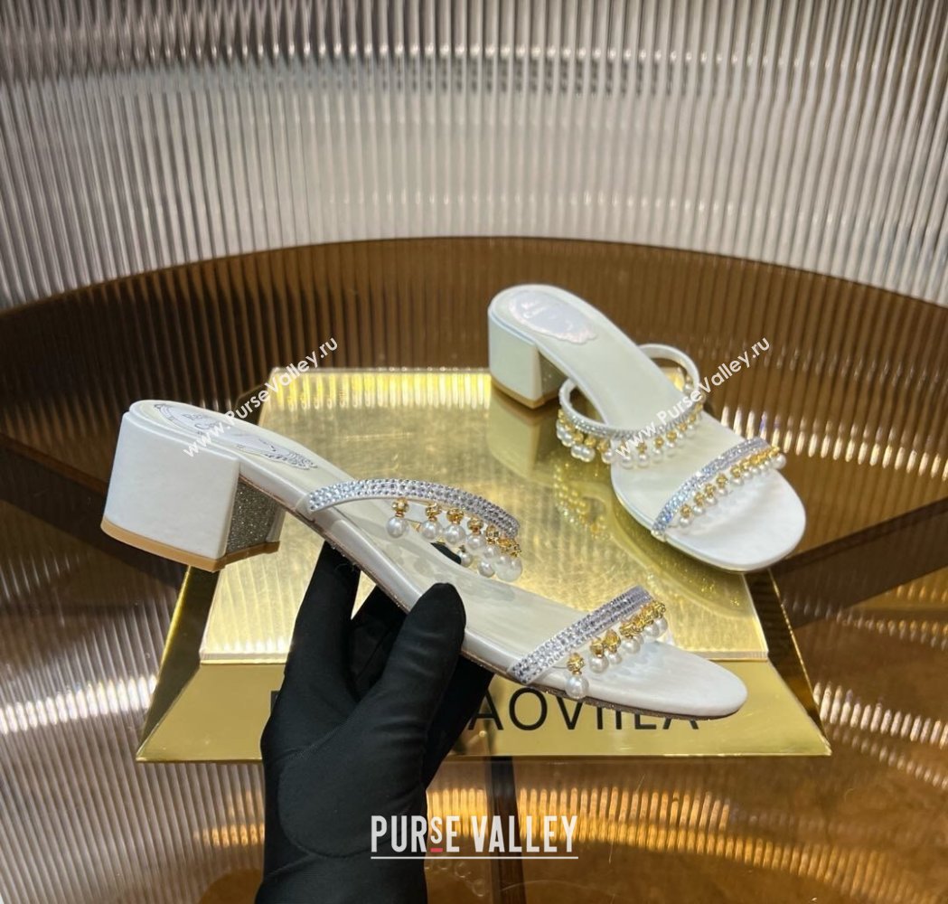 Rene Caovilla Chandelier Heel Slides Sandal 4.5cm in Satin with Pearls and Strass White 2025 (MD-250224137)