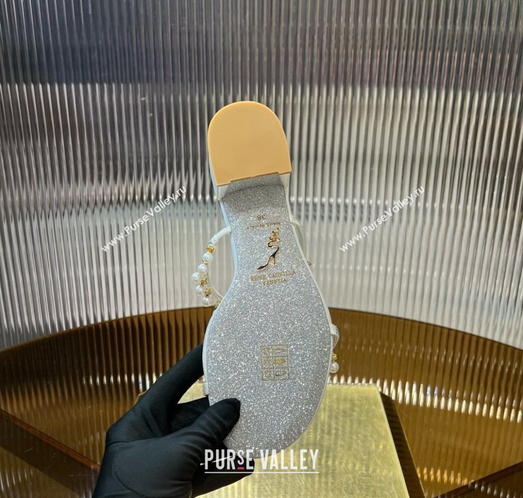 Rene Caovilla Chandelier Heel Slides Sandal 4.5cm in Satin with Pearls and Strass White 2025 (MD-250224137)