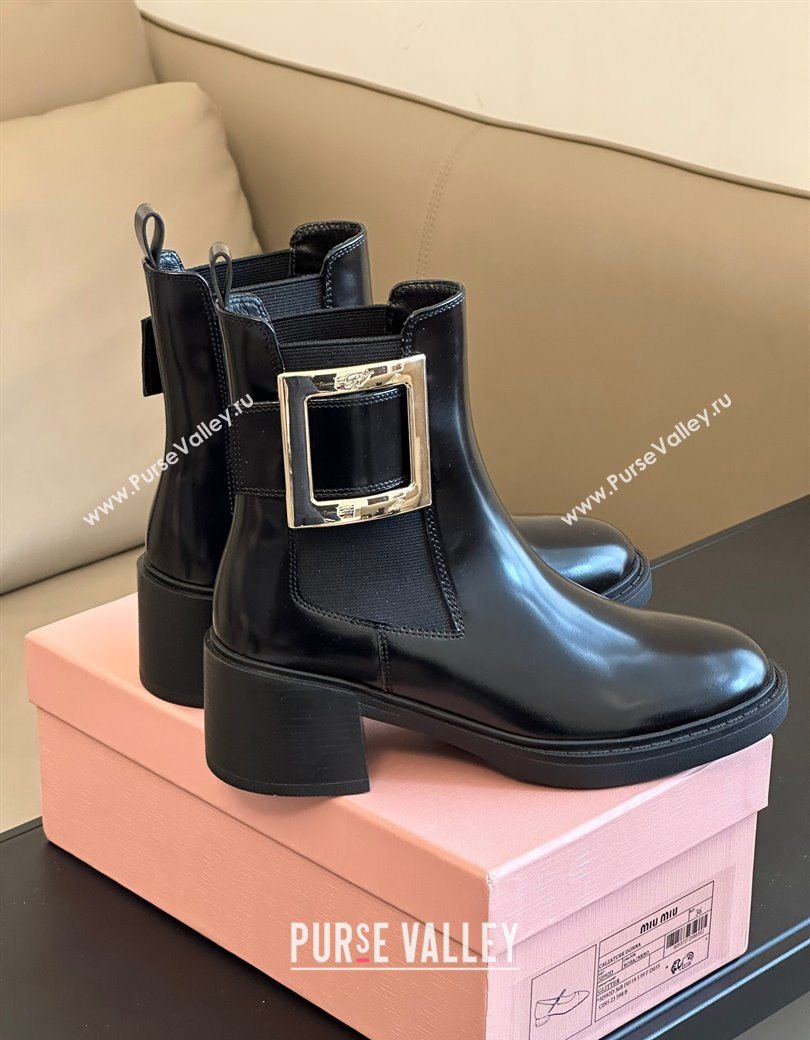 Roger Vivier Viv Rangers Chelsea Booties 6cm in Shiny Leather with Metal Buckle Black 2025 RV121204 (KL-251212027)