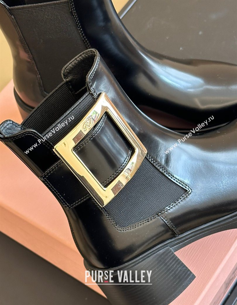 Roger Vivier Viv Rangers Chelsea Booties 6cm in Shiny Leather with Metal Buckle Black 2025 RV121204 (KL-251212027)