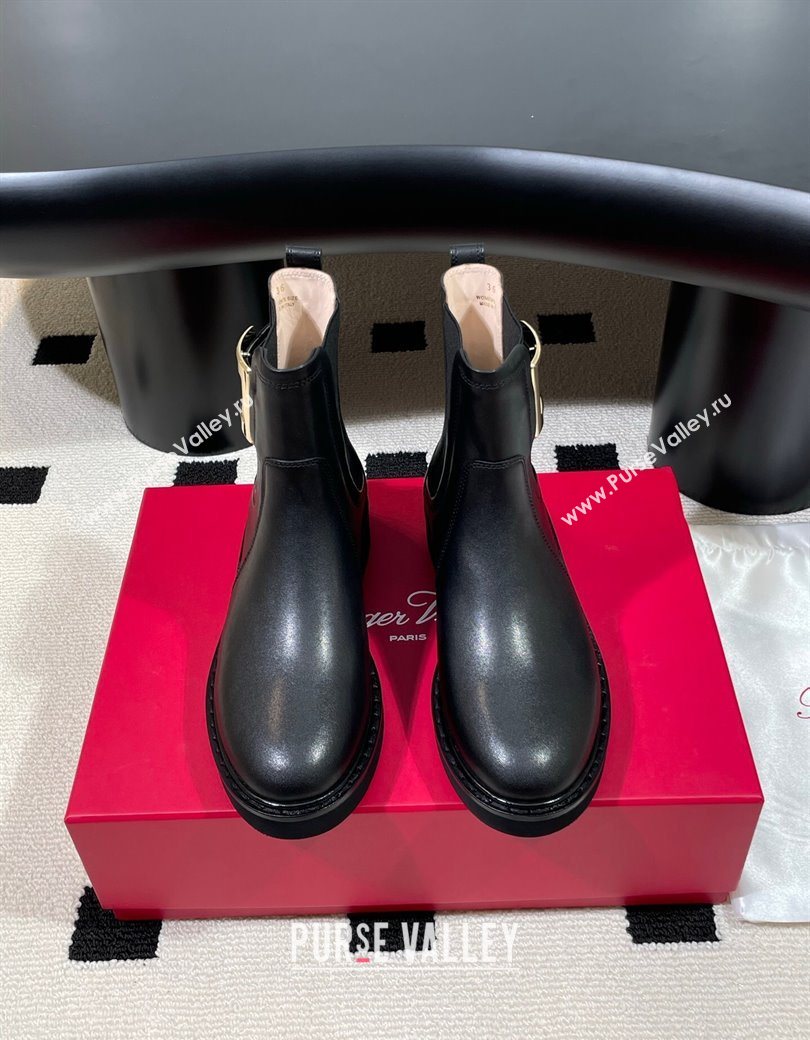 Roger Vivier Viv Rangers Flat Chelsea Booties in Calfskin Leather with Metal Buckle Black 2025 RV121205 (KL-251212041)