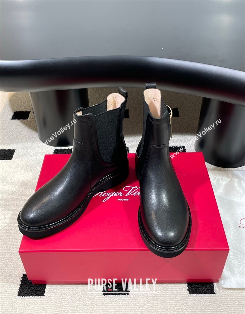 Roger Vivier Viv Rangers Flat Chelsea Booties in Calfskin Leather with Metal Buckle Black 2025 RV121205 (KL-251212041)