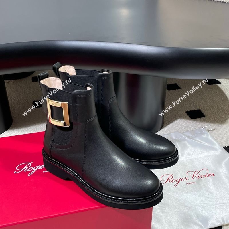 Roger Vivier Viv Rangers Flat Chelsea Booties in Calfskin Leather with Metal Buckle Black 2025 RV121205 (KL-251212041)