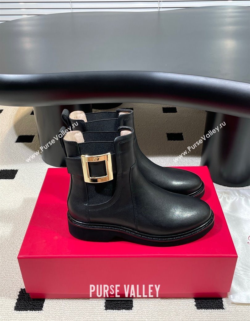 Roger Vivier Viv Rangers Flat Chelsea Booties in Calfskin Leather with Metal Buckle Black 2025 RV121205 (KL-251212041)