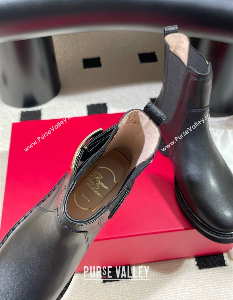 Roger Vivier Viv Rangers Flat Chelsea Booties in Calfskin Leather with Metal Buckle Black 2025 RV121205 (KL-251212041)