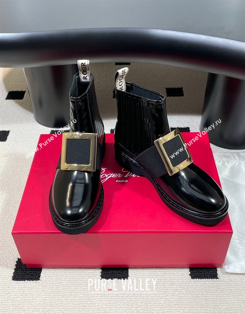 Roger Vivier Viv Rangers Flat Chelsea Booties in Patent Leather with Strass Buckle Black 2025 RV121206 (KL-251212042)