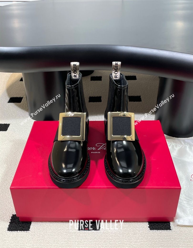 Roger Vivier Viv Rangers Flat Chelsea Booties in Patent Leather with Strass Buckle Black 2025 RV121206 (KL-251212042)