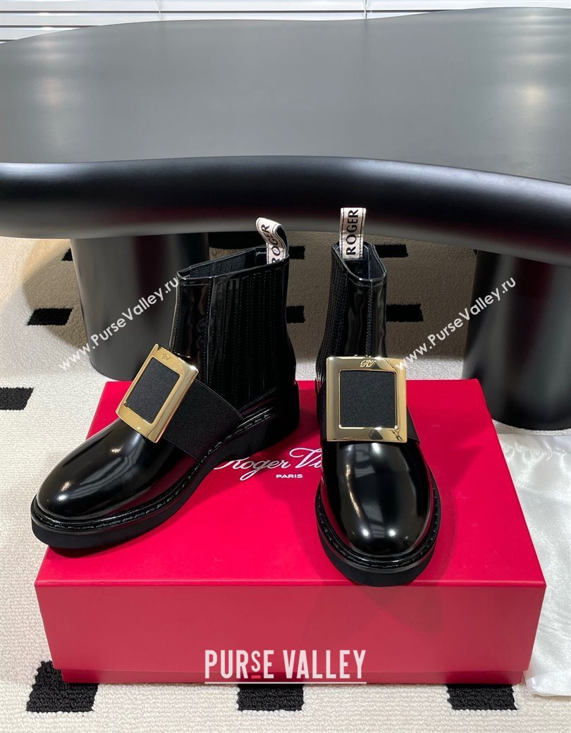 Roger Vivier Viv Rangers Flat Chelsea Booties in Patent Leather with Strass Buckle Black 2025 RV121206 (KL-251212042)