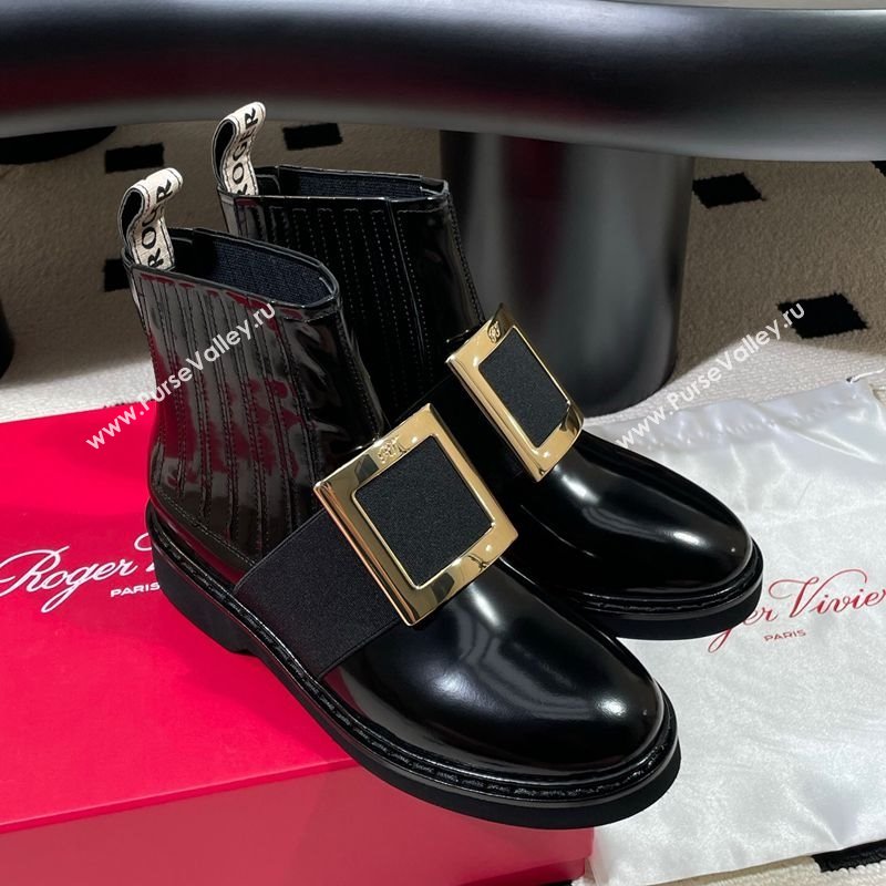 Roger Vivier Viv Rangers Flat Chelsea Booties in Patent Leather with Strass Buckle Black 2025 RV121206 (KL-251212042)