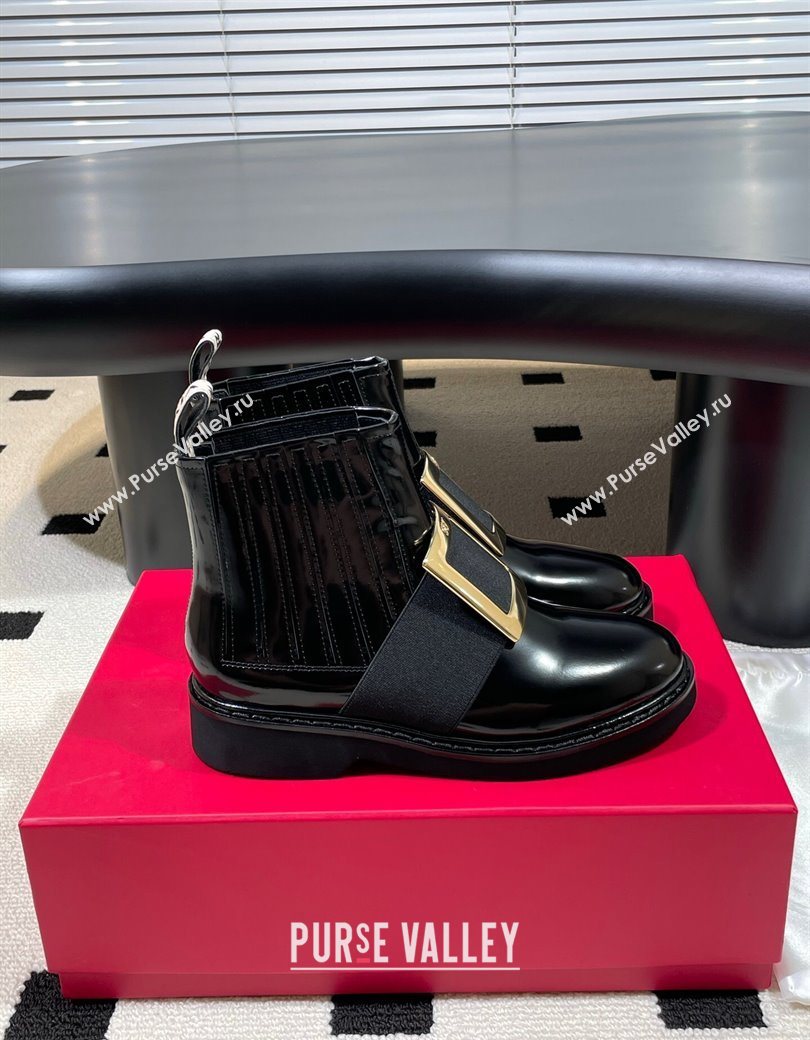Roger Vivier Viv Rangers Flat Chelsea Booties in Patent Leather with Strass Buckle Black 2025 RV121206 (KL-251212042)