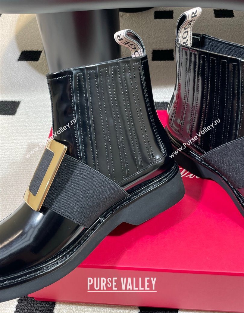 Roger Vivier Viv Rangers Flat Chelsea Booties in Patent Leather with Strass Buckle Black 2025 RV121206 (KL-251212042)