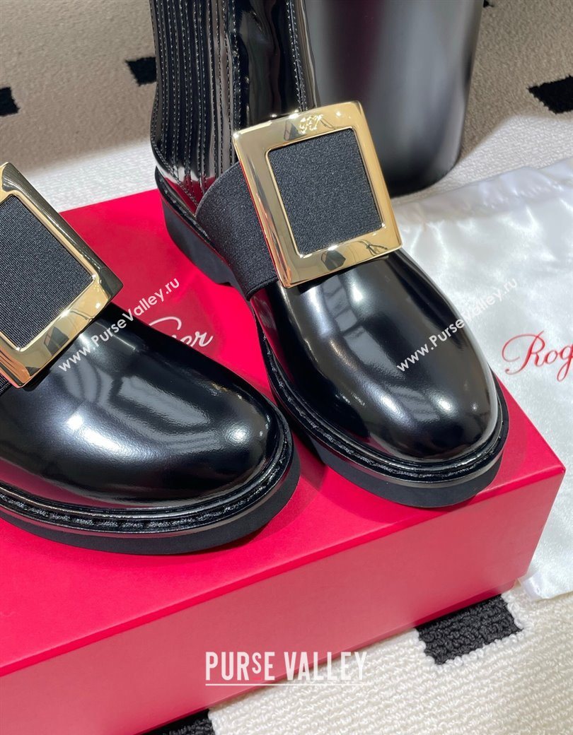 Roger Vivier Viv Rangers Flat Chelsea Booties in Patent Leather with Strass Buckle Black 2025 RV121206 (KL-251212042)