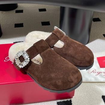 Roger Vivier Slidy Viv Flat Mules in Brown Suede and Wool with Strass Buckle 2025 RV121210 (KL-251212057)