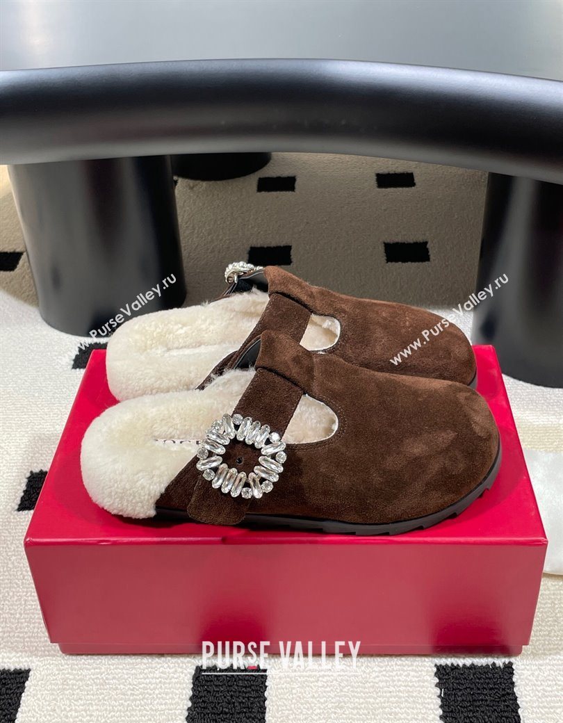 Roger Vivier Slidy Viv Flat Mules in Brown Suede and Wool with Strass Buckle 2025 RV121210 (KL-251212057)