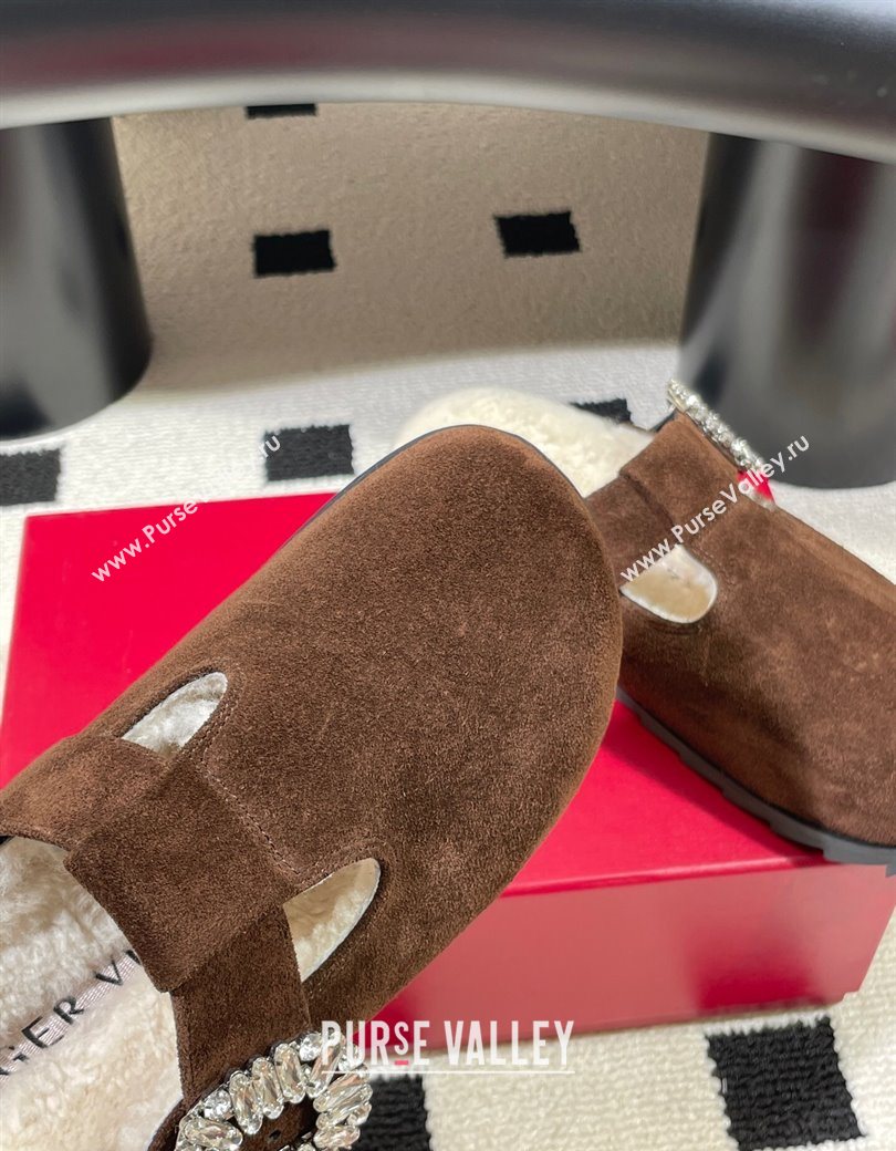 Roger Vivier Slidy Viv Flat Mules in Brown Suede and Wool with Strass Buckle 2025 RV121210 (KL-251212057)