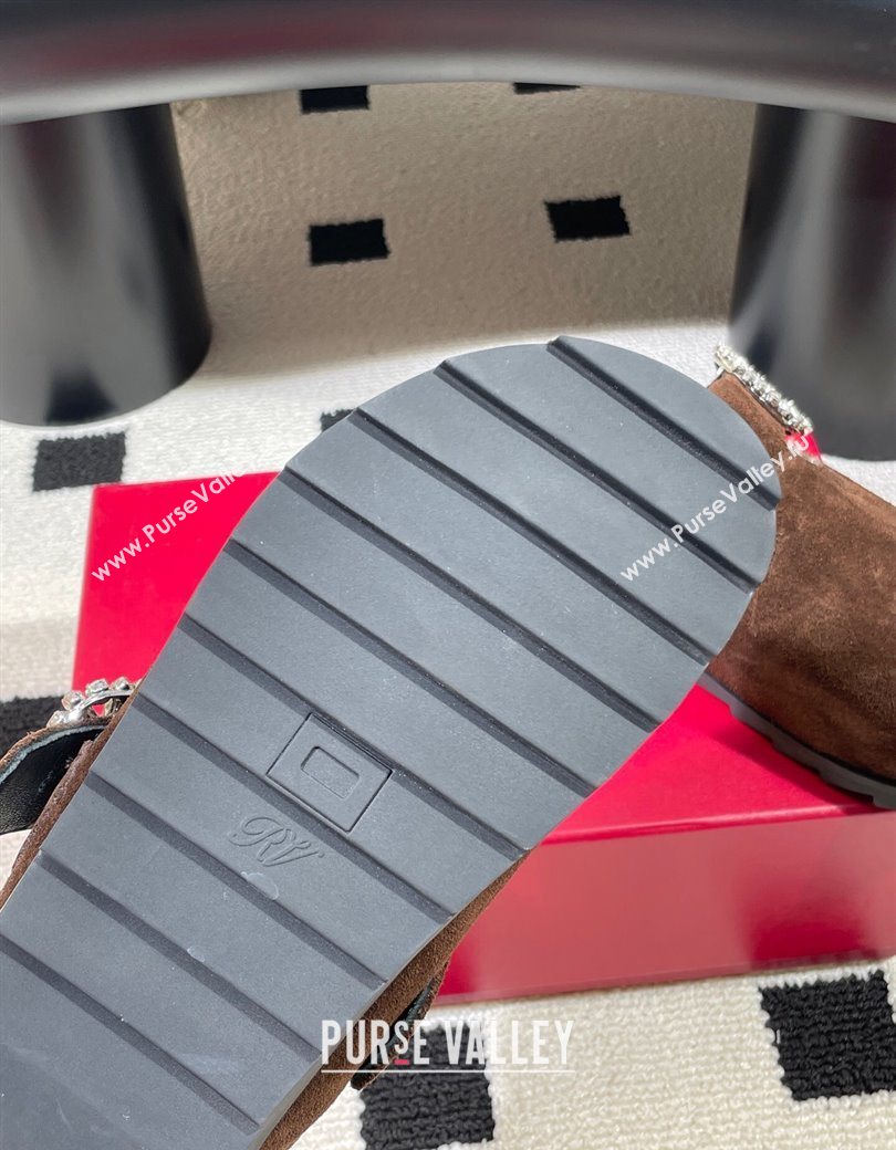 Roger Vivier Slidy Viv Flat Mules in Brown Suede and Wool with Strass Buckle 2025 RV121210 (KL-251212057)