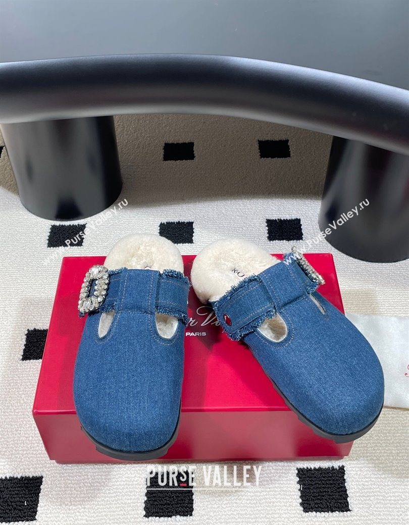 Roger Vivier Slidy Viv Flat Mules in Blue Denim and Wool with Strass 2025 RV121210 (KL-251212058)