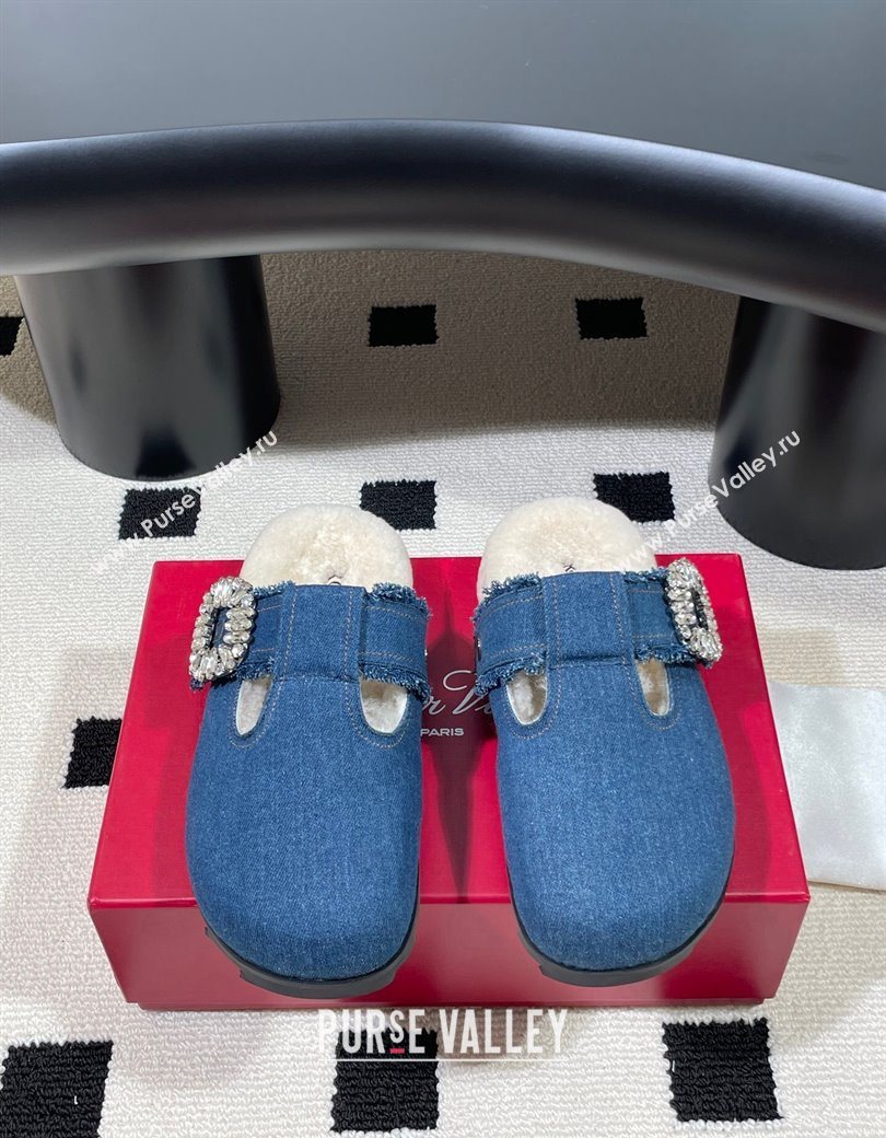 Roger Vivier Slidy Viv Flat Mules in Blue Denim and Wool with Strass 2025 RV121210 (KL-251212058)