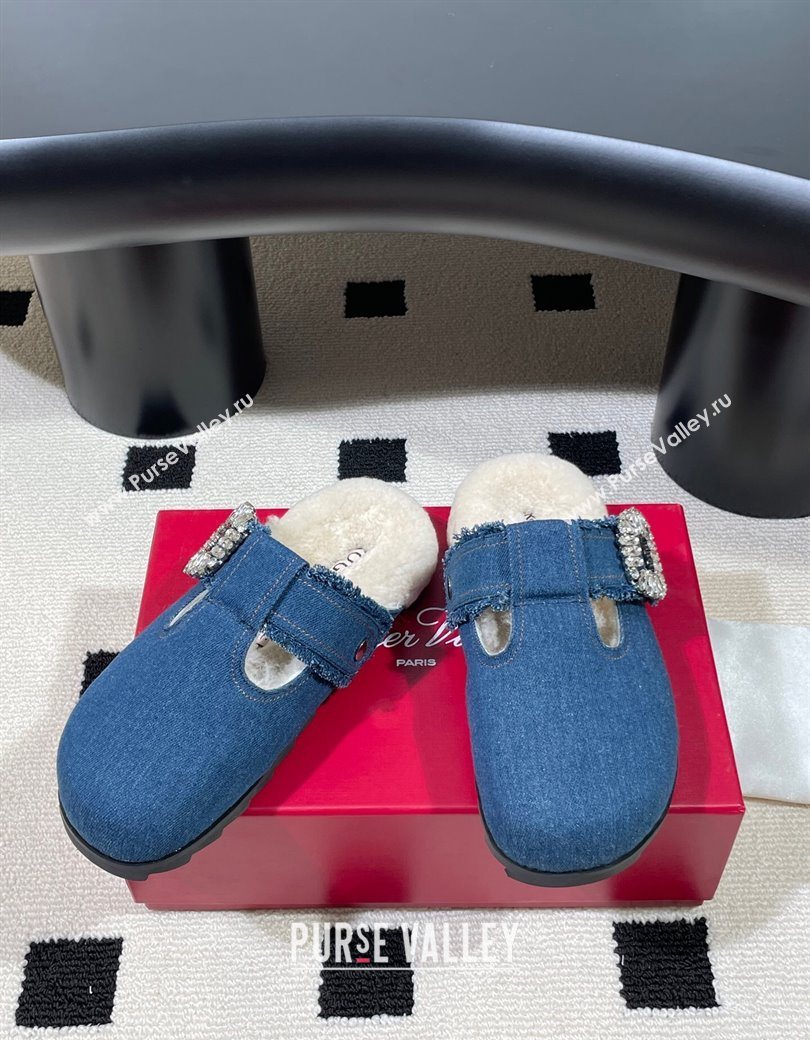 Roger Vivier Slidy Viv Flat Mules in Blue Denim and Wool with Strass 2025 RV121210 (KL-251212058)