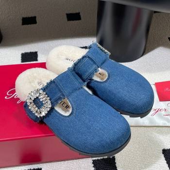 Roger Vivier Slidy Viv Flat Mules in Blue Denim and Wool with Strass 2025 RV121210 (KL-251212058)
