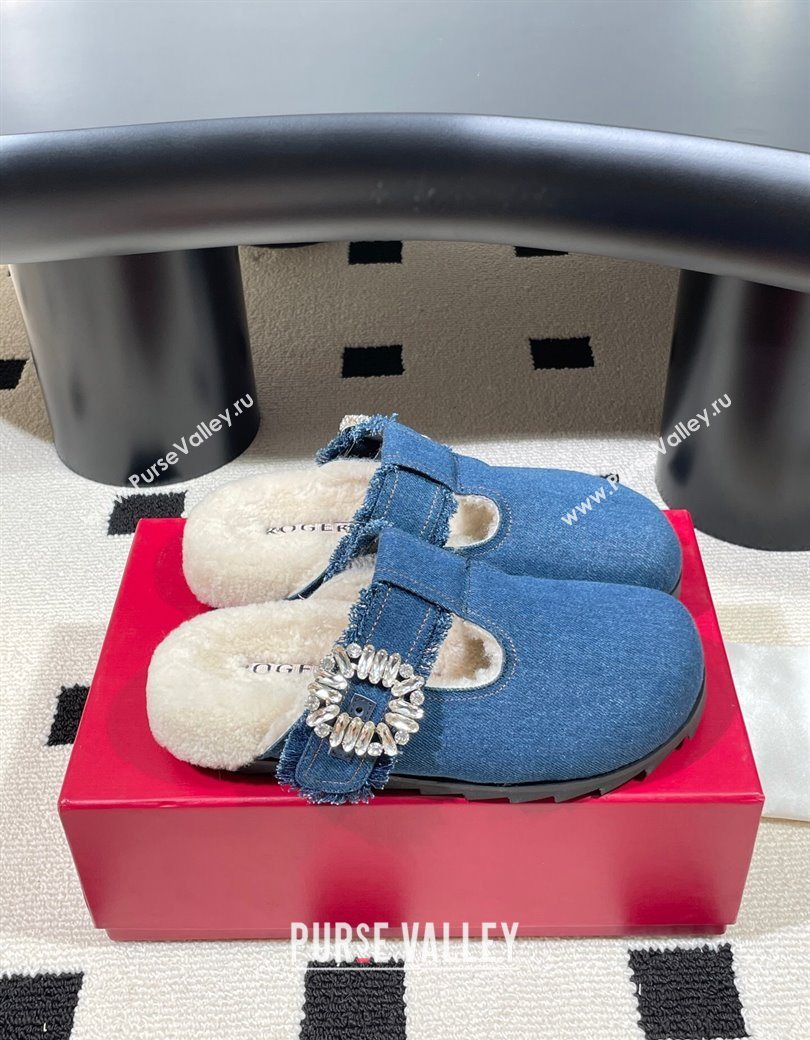 Roger Vivier Slidy Viv Flat Mules in Blue Denim and Wool with Strass 2025 RV121210 (KL-251212058)