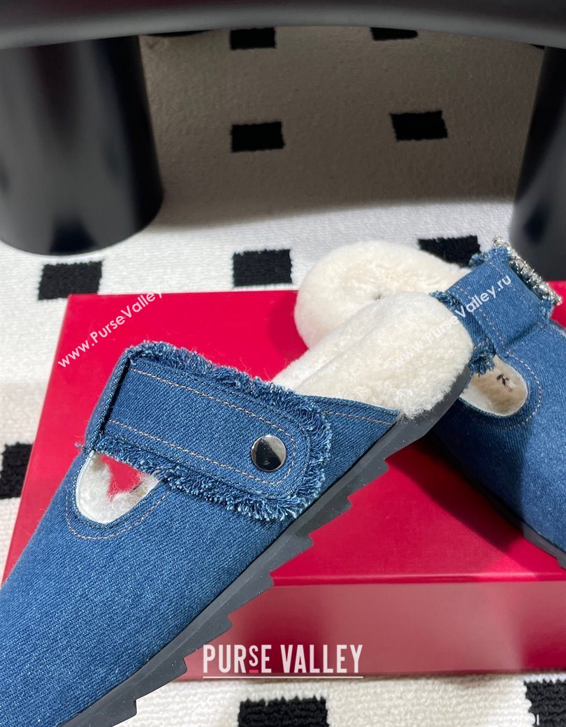 Roger Vivier Slidy Viv Flat Mules in Blue Denim and Wool with Strass 2025 RV121210 (KL-251212058)