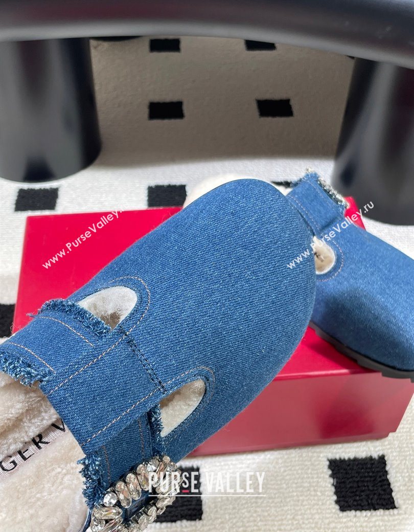 Roger Vivier Slidy Viv Flat Mules in Blue Denim and Wool with Strass 2025 RV121210 (KL-251212058)