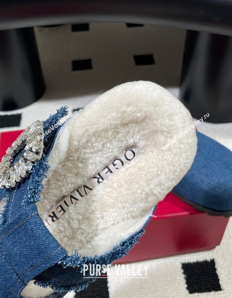 Roger Vivier Slidy Viv Flat Mules in Blue Denim and Wool with Strass 2025 RV121210 (KL-251212058)