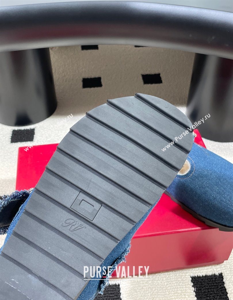 Roger Vivier Slidy Viv Flat Mules in Blue Denim and Wool with Strass 2025 RV121210 (KL-251212058)