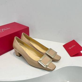 Roger Vivier Belle Vivier Metal Buckle Pumps 4.5cm in Patent Leather Beige 2024 0611 (KL-240611158)