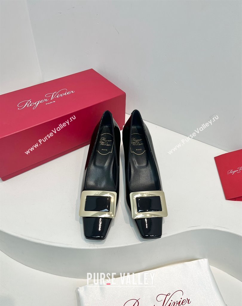 Roger Vivier Belle Vivier Metal Buckle Pumps 4.5cm in Patent Leather Black 2024 0611 (KL-240611159)