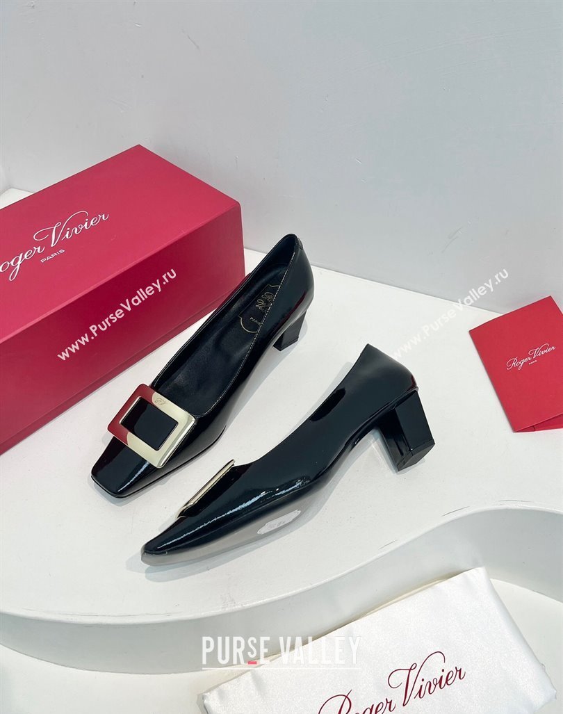 Roger Vivier Belle Vivier Metal Buckle Pumps 4.5cm in Patent Leather Black 2024 0611 (KL-240611159)