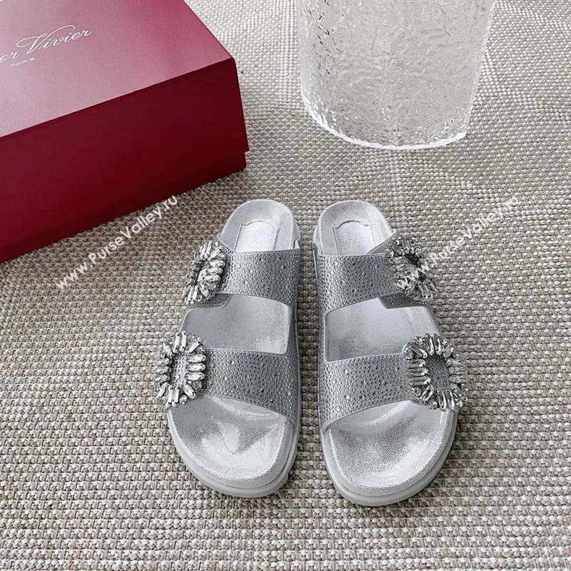 Roger Vivier Slidy Viv Strass Buckle Slides Sandal Silver 2024 0704 (KL-240704038)